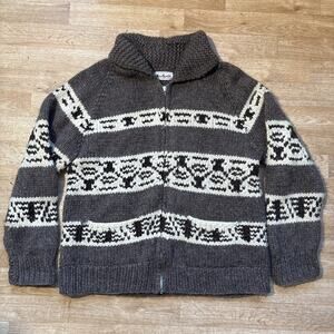 Vintage 70s TUAK Cowichan Sweater XXL Wool Hand Knit Zip Shawl Collar Cardigan